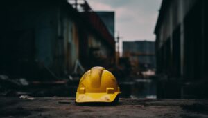 A yellow hard hat sits on the floor on a dark background