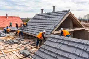 Construction workers in high vis vests work on a roof top