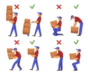 A cartoon depiction showing correct and incorrect ways to perform manual handling.