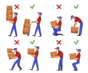 Different illustrations showing how to prevent manual handling injuries in the workplace. 