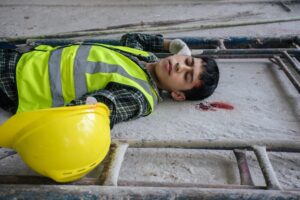 A construction on the ground with a head injury after a scaffold accident