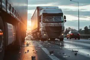 A lorry crash on a motorway. Road accidents such as this often result in more serious injuries